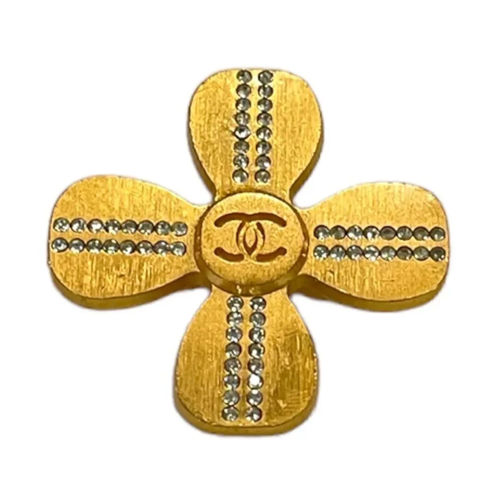 CHANEL STUNNING Vintage Gold & Crystal CC Logo RARE Clover 🍀 Brooch